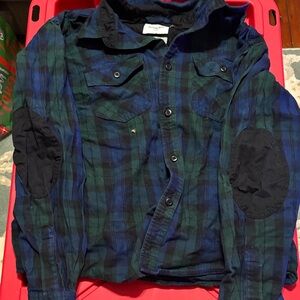 Goodfellow & Co Blue and Black Plaid Shirt Jacket with elbow patches